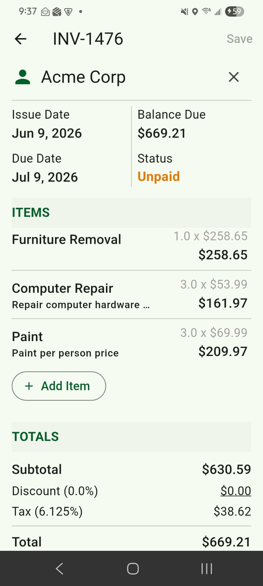 Nitron Invoice — create invoice screen